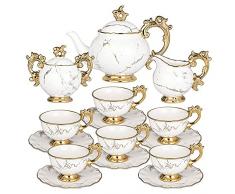 AHX Servizio da Te Porcellana 15 Pezzi - Teiera con Tazza e Piattino per 6 Persone - Vintage Set Tazzine caffè con Lattiera e Zuccheriera - Servizio Caffe tè Inglese per Casa e Regalo