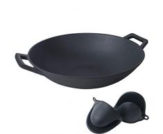 Wok antiaderente grande 34 cm con fondo piatto – padella wok – wok induzione per cucinare e friggere +PIÙ: guanti forno