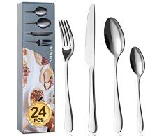 BEWOS Set di posate di alta qualità in Acciaio Inox, 24 Pezzi posate argenteria set-Forchette, Coltelli, Cucchiai, servizio per 6, lavabile in lavastoviglie