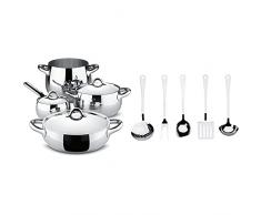 Alessi sg100s7 Mami Set Pentole, Acciaio Inox, Argento, 24 cm & AJM19S5 L Set di Mestoli da Cucina di Design in Acciaio Inossidabile 18/10, 5 Pezzi