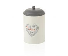 MONTEMAGGI Biscottiera cilindrica in ferro smaltato colore bianco e ardesia in stile shabby chic. Contenitore per biscotti con coperchio a chiusura ermetica con scritte e decorazione. Dimensione: 13,5x13,5x17 cm