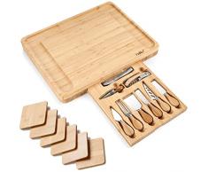 Tagliere da formaggio extra grande set di bambù includere sottobicchieri - Cassetto scorrevole con cavatappi, tappo per bottiglia, 6 coltelli e forchette in acciaio inossidabile - Di PlaNet