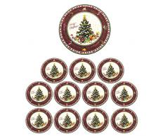 12x Sottopiatti Natalizi Decorati Colore Bianco Bordo Bordeaux Tondo 33 cm cenone sotto Piatto Natalizio Capodanno Cena Aperitivo fondo Albero di Natale