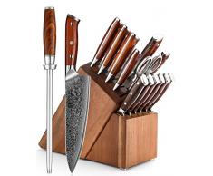 XINZUO Acciaio Damasco Set Coltelli da 15 Pezzi con Portacoltelli -Affilata Forgiata Set di Coltello da Cuoco -Coltello da Chef Santoku Affettare Disossare Multiuso Frutta e 6 Coltelli da Bistecca