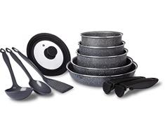 TVS Batteria di Pentole e Padelle con Manico Rimovibile, per Induzione, Rivestimento in Pietra, made In Italy 11 pz.