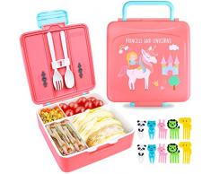 KEARLGMBH Portapranzo Posate Bambini, Rosa Lunch Box con 4 Scomparti Bento, 1300ml Contenitore Pranzo con Barattolo per Cucchiaio/Forchetta, Prova di perdite, Adatto al Microonde/Lavastoviglie(Rosa)