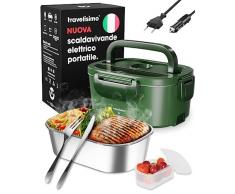 TRAVELISIMO Scaldavivande Elettrico Portatile 3 in 1 per Auto Camion e Ufficio 220V+12V+24V, Riscalda Il Cibo in Pochi Minuti, Porta Pranzo Portatile Doppio Voltaggio di Acciaio Inossidabile 1.5L 80W
