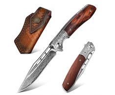 Japaknives Coltello tascabile Damasco coltello pieghevole con fodero in pelle, lama affilata in acciaio Damasco, manico in legno di alta qualità