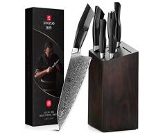 XINZUO Set di Coltelli da Cucina in Acciaio Damasco 7 Pezzi con Blocco di Coltello e Acciarino per Affilare, Set di Coltelli da Chef Professionale Coltello da Cuoco, Manico Ergonomica G10 Nera