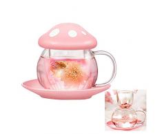 Simpatica tazza da tè con funghi, tazza da tè in vetro con filtro per infusore per tè, teiera trasparente con coperchio in ceramica, sottobicchiere resistente al calore, 290 ml, 272,2 g, colore: rosa
