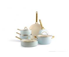 GreenPan Reserve Set di Pentole e Padelle Antiaderente in Ceramica Sana Dura Anodizzata da 10 Pezzi,Incl. Padelle,Padelle per saltare e Pentole,Manico doro,Senza PFAS,Induzione,Forno,Blu Chiaro