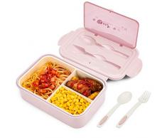 Bibury Porta Pranzo, Lunch Box Prova di Perdite per Bambini e Adulti, Bento Box con 3 Scomparti e Posate(Forchetta e Cucchiaio), Portapranzo, Sicuri per Microonde e Lavastoviglie - Rosa