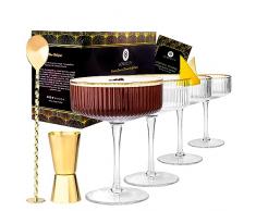 Vemacity Set di 4 Bicchieri Martini Ondulati | Lusso Bicchieri Cocktail Vetro Con Bordo Dorato | Cucchiaio da Cocktail e Jigger Dorato | Bicchieri per Martini + Ricette eBook | Bicchiere cocktail