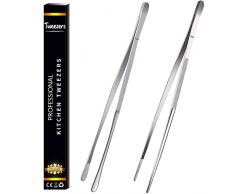 Smirain Pinze Cucina Acciaio 2Pezzi, Pinza da Chef professionali di Alta Precisione, Barbecue, Bistecca, Hamburger, Pasta, Dessert, Decorazione, Estrazione, Cottura al Forno (Multiuso+Piatta, 30cm)