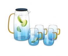 Navaris Caraffa Acqua 1,55l con 4x Bicchieri 300ml - Set Brocca Termica in Vetro Borosilicato - Coperchio in Silicone - Bibite Calde e Fredde - Blu