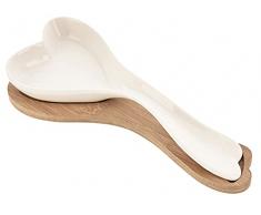 POGGIAMESTOLO APPOGGIA Cucchiaio da Cucina Ceramica Bianca con PIATTINO in Legno A Forma di Cuore