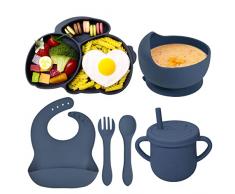 Domueay Set Pappa Svezzamento Bambini,6 Pezzi con Ventosa Piatto Ciotola Tazze Cucchiaio Forchetta Bavaglino Silicone Antiscivolo Impermeabili Set Pappa per Bambino Neonati senza BPA,Blu Coniglio
