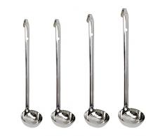 SKJJL - Set di 4 mestoli in acciaio inox, con supporto, mestolo da zuppa, 1/2/3/4 oz con manico lungo, cucchiaio da salsa, mestolo in metallo, per hotel, casa, cucina, ristorante, argento