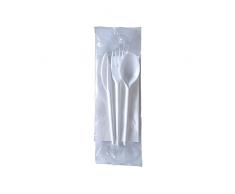 Posate Tris Set Bio - 500 Pezzi - Bianco - 6 KG - Forchetta Coltello Cucchiaio Tovagliolo Monovelo