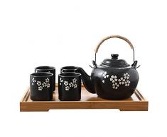 fanquare Servizio da Tè Kungfu Giapponese con Infusore, Servizio da Tè in Porcellana con Fiori di Ciliegio Bianco, Teiera Fatta a Mano per 4 Persone con Vassoio da Tè in Bambù