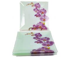 Set di 6 piatti di vetro con motivo di orchidea - Piazza 20 x 20 Cm - Fiore bianco e viola - Piatti per la casa o il ristorante - Design elegante molto bello