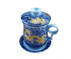 ufengke Jing Dezhen Tazza da tè Porcellana Blu E Bianca, Motivo Drago doro, Tazza da tè Cinese con Filtro,1 Set di 4 Pezzi, per Regalo, La Famiglia E Ufficio -Blu 300Ml