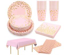 24 Ospiti Set Piatti Biodegradabili Rosa Oro Bicchieri Tovaglioli Cannucce Tovaglia per Festa Compleanno 13 Anni 1 Anno Baby Shower Girl Anniversari Fidanzamento Doccia Nuziale Piatti Carta Rosa