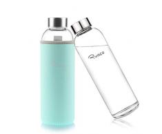 Ryaco Bottiglia dAcqua, 550ml Bottiglia Vetro Trasparente Portatile con Guaina Protettiva in Neoprene per Il Campeggio Viaggi tè Ufficio (Menta Verde, 550ml)