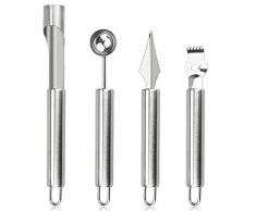 CODIRATO 4PZ Set di Strumenti di Acciaio Inossidabile con Leva Torsoli Coltello da Intaglio per Frutta Attrezzo per Palline di Anguria Grattugia per Scorza di Limone Set di Scavino per Frutta Anguria