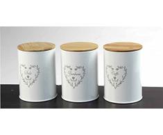 Kasahome Set 3 barattoli contenitori in latta tappo in legno sale zucchero caffè Contenitore cibo Spezie Cucina Cuore 9x11 cm