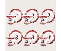 Maison Tortorà - Set 6 Tazze da Caffè con Piattino, Decorazioni Natalizie, in Porcellana (Renna)