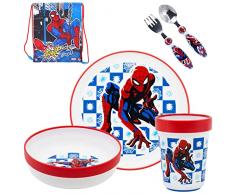 Set di Stoviglie per Bambini da 6 Pezzi Spider-man per Bambino e Bambina - Contiene Piatto, Tazza, Forchetta, Cucchiaio, Ciotola e Sacchetto di Corda - Adatto al Microonde (Spider-man - 6 Pezzi)