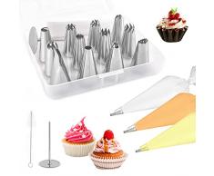 Bussole per Pasticceria,12 Beccucci in Acciaio Inox per Pasticceria Decorative,Kit Pasticceria Professionale,Strumenti di Cottura, 3 Sac a Poche Riutilizzabile+12 Beccucci+1 Fiori Chiodi