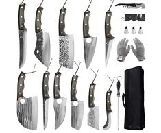 FULLHI Set di 17 coltelli da chef da macellaio include fodero in acciaio al carbonio Cleaver, coltello da cucina, tutto tang, verdure, cleaver, casa, barbecue, campeggio, con tasca per coltelli