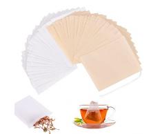 100 Bustine per Tisane, Sacchetti Filtro per Tè con Coulisse Bustine Te Vuote, Bustine Infusione Filtri Te Usa, Filtro Vuoto per Tè Caffè Erbe Spezie (6 x 8 cm, Marrone, Bianco)