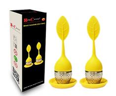 HelpCuisine infusore per tè/filtro per tè, Infusore per te e tisane a forma di foglia di Tè, Realizzato in silicone privo di BPA con setaccio in acciaio inox, Set da 2 infusori(Giallo)
