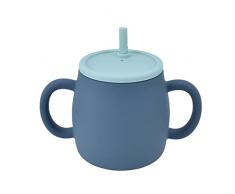 Tazza per bere in silicone da 280 ml Tazza in silicone Tazza per lapprendimento del bambino con coperchio in paglia per neonati e neonati(azzurro, blu scuro)