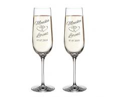 AMAVEL Set 2 Calici da Spumante in Vetro, Incisione Personalizzata con Nomi e Data, Motivo Cuori, Flûte per Coppie, Accessori Decorativi Matrimonio