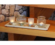 Bellissimo e fantastico set con vassoio in legno massiccio e 4 portacandele in vetro a LED; stupenda decorazione, perfetta per giardino, terrazza, serate barbecue, balcone, soggiorno e camera da letto