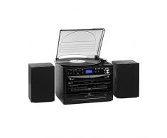 AUNA 388 - Impianto Stereo, Lettore CD Stereo, 20W Max, 2x Altoparlanti, Bluetooth, Sintonizzatore Radio FM/DAB+, Giradischi, Lettore CD, MP3, 2 Mangiacassette, USB, Slot SD, Telecomando, Nero