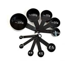 Set di 10 misurini in plastica di colore nero con manico dosatore e cucchiaio dosatore