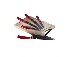 BerlingerHaus Burgundy Set di 5 Coltelli da Cucina Professionali, Tagliere in Bambù, Lama in Acciaio Inossidabile, Rivestimento Antiaderente Coltello da Cuoco, Pane, Affettare, Design Metallic Line