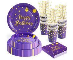 HusDow 120 piatti di carta per il compleanno dei bambini, viola oro, 24 ospiti, piatti di carta viola