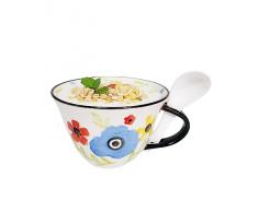 NIUKOMY Tazze Colazione Grande, 600ML Tazza da Tè Grande in Porcellana, Tazze Latte Grandi Floreale, Tazza da Caffè in Ceramica con Cucchiaio, XXL Tazza per Cereali Blu