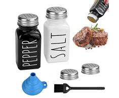 BUENTYA 2 Saliera Pepiera Barattoli Pepe e Sale in Vetro bianco e nero Barattoli Sale Pepe Zucchero con 1 Spazzola e 1 Imbuto Agitatori Pepe per Cucina Barbecue Ristorante