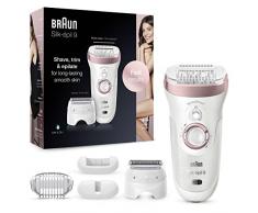 Braun Silk-épil 9 Depilatore Donna, Epilatore Elettrico Donna con Testina Radente e Rifinitore, Tecnologia MicroGrip, Cappuccio Massaggiante, Idea Regalo, SE9-725 Bianco e Rosa