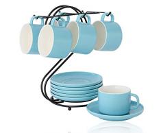 Candiicap Set Tazze da Caffe con Piattino e Portabicchieri(220ml), Tazzine da Caffè in Ceramica per Cappuccino, Latte Macchiato, Espresso, Americano, Tè(220ml,Blu Opaco)