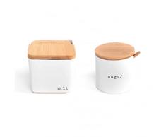 D,casa - Set saliera e zuccheriera da cucina, colore bianco, minimalista, in ceramica, con coperchio in legno