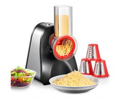 FOHERE Grattugia Elettrica per Formaggio, 200W Affettaverdure con 4 Diversi Coni in Acciaio Intercambiabili per Grosso, Fine, Affettato, Tritato, Operazione con un Solo Tocco, Facile da Pulire, Rosso