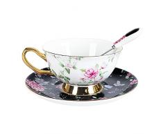 fanquare Set Tazza da tè e Piattino in Bone China di Rose e Farfalle, Tazza da caffè in Porcellana con Finiture in Oro, 200ml
